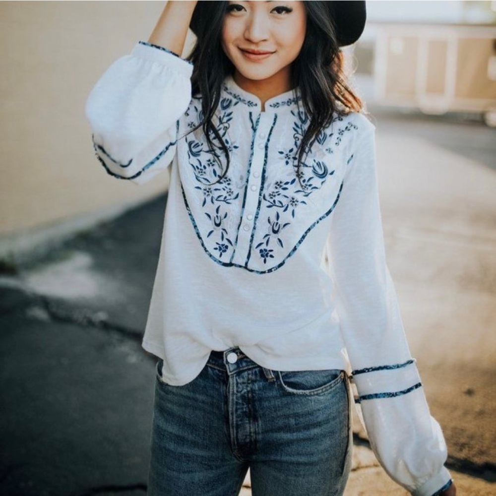 FREE PEOPLE Embroidered SUNDANCE KID PearlSnap Henley Top NWT Small